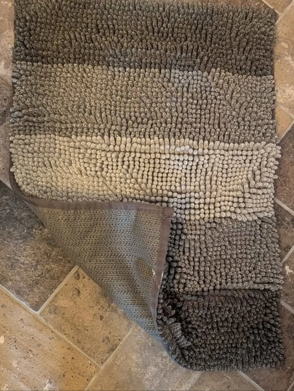 Striped Chenille Bath Rug in Gray and Cream
